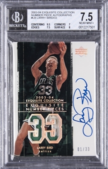 2003-04 UD "Exquisite Collection" Number Piece Autographs #LB Larry Bird Signed Game Used Patch Card (#01/33) – BGS NM+ 7.5/BGS 10